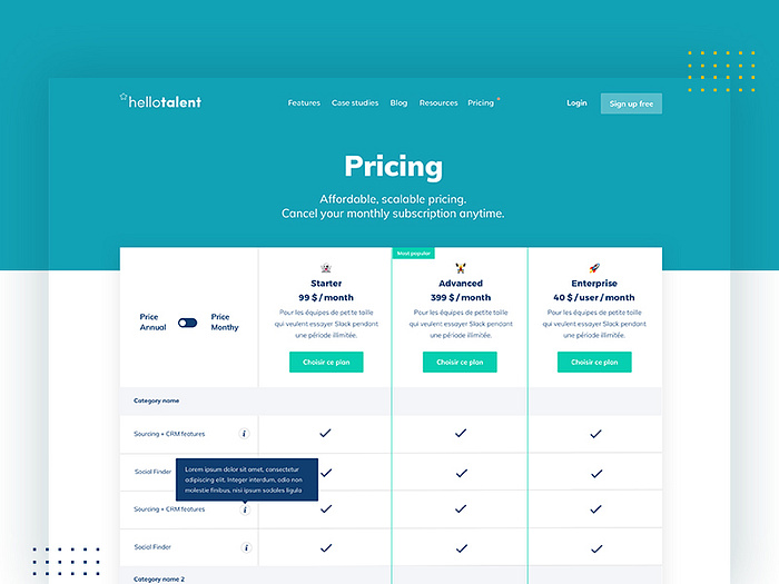 Hello Talent — Pricing by Jubeo on Dribbble