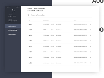 Glacier Formula Database app dashboard design interface list ui ux web app