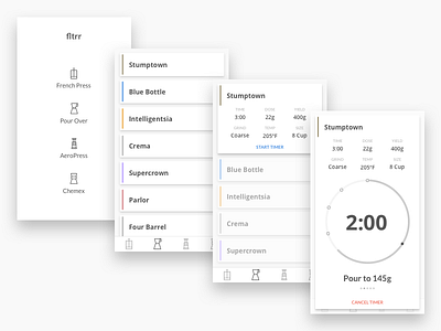 Fltrr Mobile Interface app cards coffee interface list mobile modal stats ui ux web web app