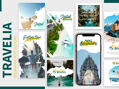 Travelia - Instagram Templates adventure branding design explore feed instagram instagram post story travelia traveling trip ui ux web