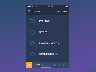 Streamnation Library app dark blue flat icons library media mobile music tv ui