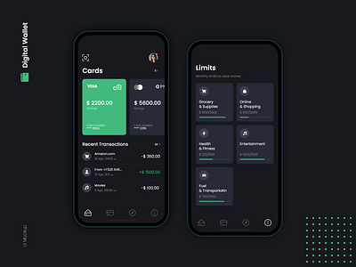 digital wallet android app bank card dark mode design digital wallet green icon illustration ios app lifestyle minimal mobile app ui mockup