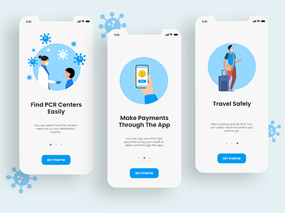 On-Boarding Illustration Screens for Secure Travel app icon booking app branding covid app covid illustration design doctor illustration graphic design hospital icon illustration logo on boarding ui ux vector