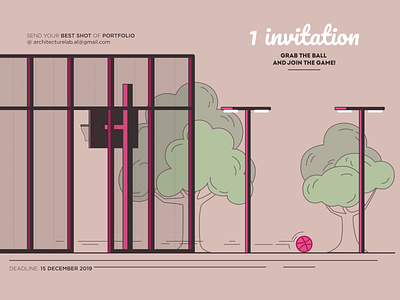 Dribbble Invitation #1 architecture ball basket basketball color contest court cozy december design fresh illustration illustrator invitation invite line line art pink vector view