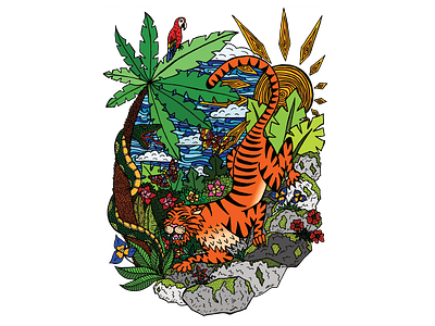Old school tattoo style tiger and friends animal butterfly cat colorful design flat illustration flowers graphic design illustration jungle leaves moss palm tree parrot rocks sky snake sun tiger