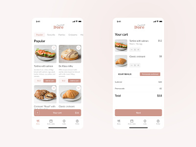 Croissant Dore menu and basket app bakery basket food food app ios menu order pink ui