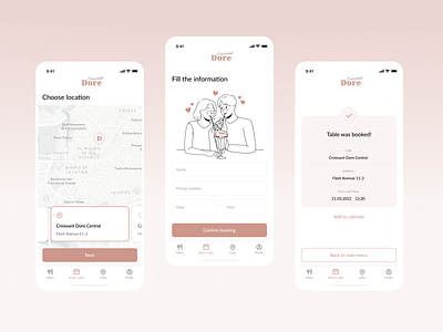 Croissant Dore booking flow app bakery booking design illustration mobile pink ticket ui