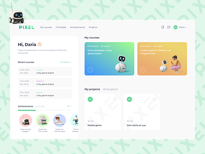 Pixel student's dashboard 3d course dashboard design green ui ux