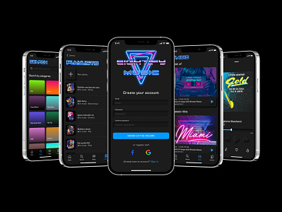 80's music app iphone app design logo musicplayer neon effect neumorphism slider design tabbar terminator font