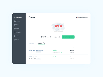 Payouts balloons bonfire dashboard list payment store ui ux