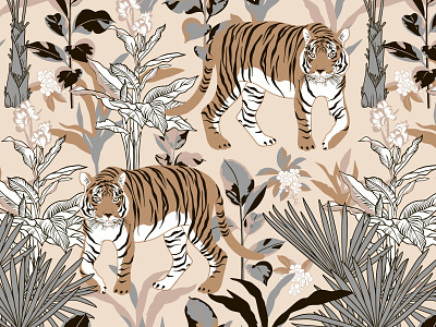Seamless pattern with tiger in the tropics