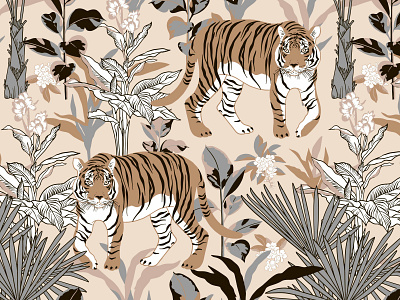 Seamless pattern with tiger in the tropics background design illustration pattern tiger tropics постер