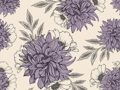 Floral seamless pattern with dahlias and poppies