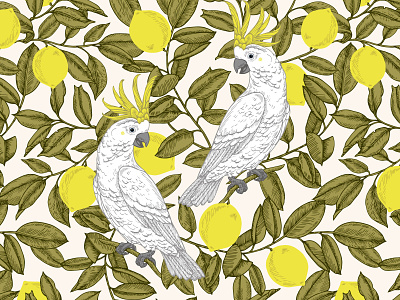 Дизайн поверхности illustration pattern ветки какаду лимоны листья полиграфия попугаи постер