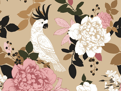 Colorful background with cockatoo parrot, peonies, roses, clemen