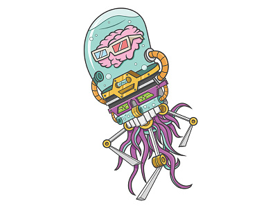Brainborg v2 brain bubbles cartoon character claw illustrator ipad pro machine procreate robot squid vector