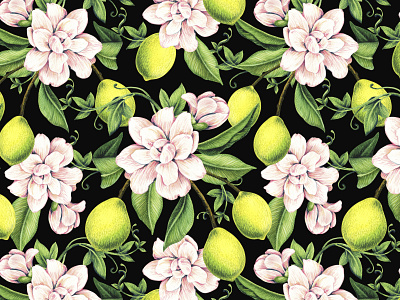 Seamless pattern with flowers and lemons watercolor