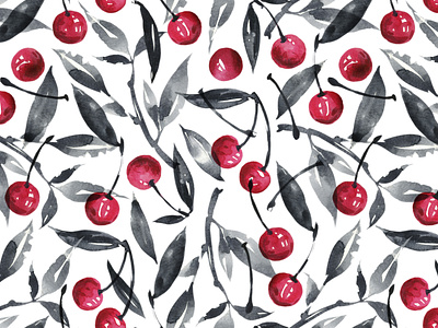 seamless watercolor pattern with cherries berry design drawing hand drawn illustration leaves pattern seamless watercolor