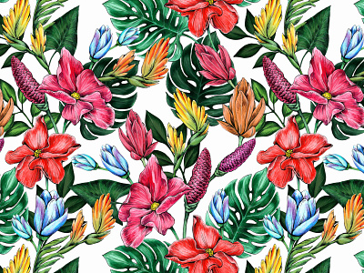 Seamless floral pattern of tropical flowers and leaves. design drawing hand drawn illustration leaves pattern seamless tropical watercolor