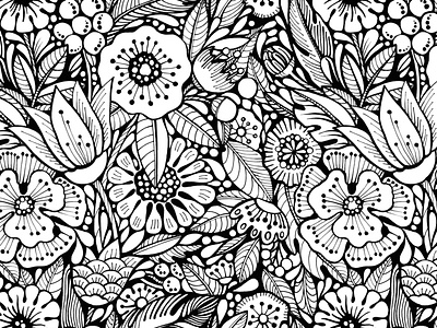 Graphic floral seamless pattern coloring page decorative design drawing flowers graphics hand drawn illustration ink leaves pattern seamless