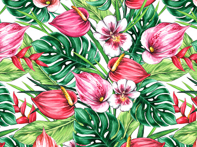 Seamless floral pattern of tropical flowers and leaves.