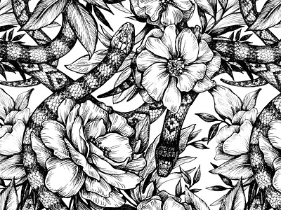 Seamless pattern with snakes and flowers. design drawing flowers graphics hand drawn illustration ink leaves pattern seamless snake