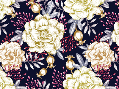 Seamless floral graphic pattern on a dark background. decorative design drawing flowers graphics hand drawn illustration pattern seamless