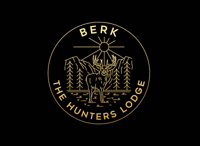 Berk The Hunters Lodge adventure apparel badge branding design gold illustration landscape line logo monoline moose mountain nature outdoor patches pin t shirt vector vintage