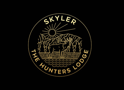 Skyler The Hunters Lodge adventure animal apparel badge branding deer design gold illustration landscape line logo monoline moose mountains nature tree wildlife