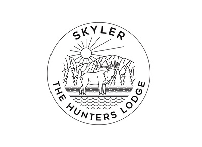 Skyler The Hunters Lodge adventure animal apparel badge black and white branding deer design illustration landscape line logo monoline moose mountains nature tree vector wildlife