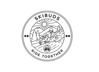 Skibuds Ride Together adventure badge black and white branding design graphic design illustration landscape line logo monoline mountans nature ski tree