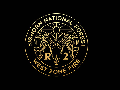 Bighorn National Forest - West Zone Fire adventure apparel badge bone brand branding design gold graphic design horn illustration lake landscape line logo monoline mountain nature river tree