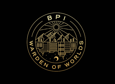 BPI Warden Of Worlds adventure apparel badge brand branding building city design graphic design illustration landscape line logo monoline moon mountains nature night tree