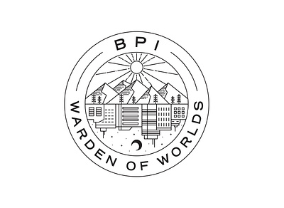 BPI Warden Of Worlds adventure apparel badge branding building city design graphic design illustration landscape line line art logo monoline moon nature night sun tree