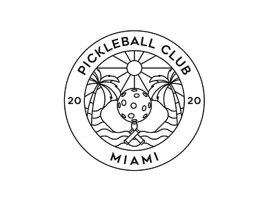 Pickleball Club - Miami adventure apparel badge branding design graphic design illustration landscape line logo monoline nature ocean palm pin sea sun tree tshirt