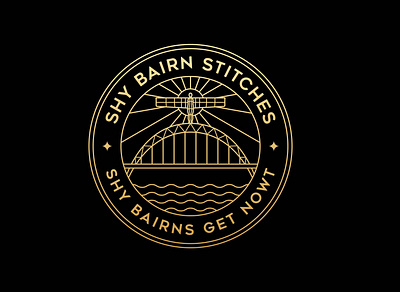 Shy Bairn Stitches adventure apparel badge brand branding bridge design gold graphic design illustration landscape line lineart linework logo monoline nature pin river tshirt