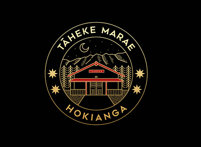 Taheke Marae - Hokianga adventure apparel badge brand branding design gold graphic design house illustration landscape line lineart linework logo monoline mountain nature tree villa