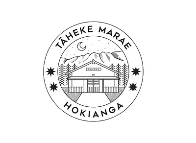 Taheke Marae - Hokianga adventure apparel badge brand branding design graphic design house illustration landscape line lineart linework logo monoline mountain nature tree tshirt villa