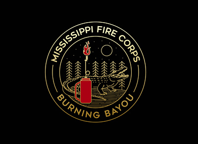 Mississippi Fire Corps adventure apparel badge branding crocodile design fire gold illustration landscape line lineart linework logo monoline mountain nature river tree vintage