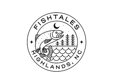 Fishtales Highlands, Nc adventure apparel badge branding design fish graphic design illustration landscape line lineart linework logo monoline mountains nature outdoor river tree vintage