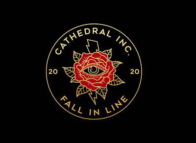 Cathedral Inc. Fall In Line adventure apparel badge branding design eye flowers gold graphic design illustration landscape line lineart linework logo monoline nature outdoor pin tshirt