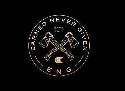 Earned Never Given adventure apparel ax badge brand branding design gold graphic design illustration landscape line lineart linework logo monoline nature pin tshirt wood