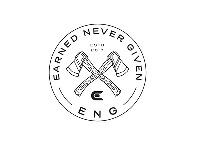 Earned Never Given adventure apparel ax badge brand branding design graphic design illustration landscape line lineart linework logo monoline nature pin vintage wood