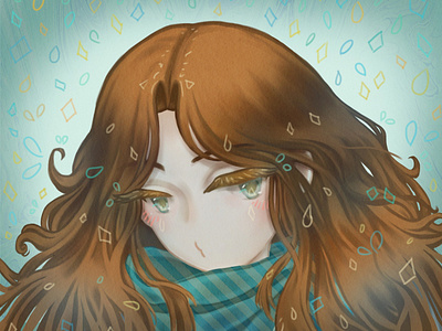 Rainy Girl anime autumn big eyes digital painting eivarain eyelashes gentle girl girl character girl illustration hair illustration joker manga rain rainy scarf soft stylised