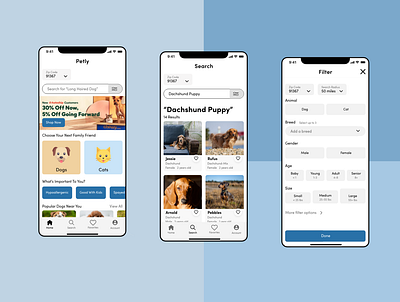Petly 2021 adobe adobexd app cats dachshund dogs dogstudio filter mobile pet adoption pet app pets petshop ux uxui