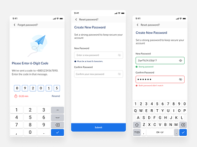 Reset Password account app confirm password correct create password forget forget password inccorect new password otp otp code password profile reset reset password save password secure password strong password ui design weak password
