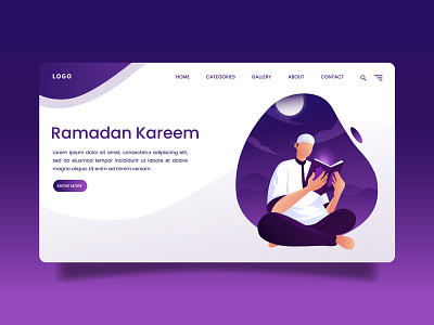 Landing Page - a man reading the Quran app branding concept design flat graphic design illustration islamic landing landing page logo night pray quran ramadan ui