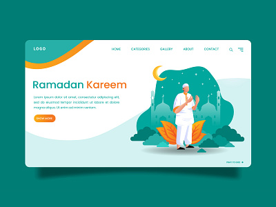 Landing Page - A man pray to god app branding concept design flat graphic design illustration landing page logo man morning mubarak pray ramadan ui