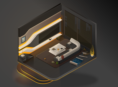 Isometric Futuristic Room art black flat futurism glow gradient illustration isometric isometric design isometric illustration lighting modern orange room sofa table tv vector