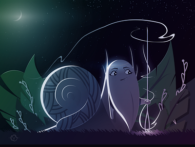 A Magical Snail animal art artwork blue contrast cute dark eyes glow gradient green illustration light lighting moon nature purple snail vector white